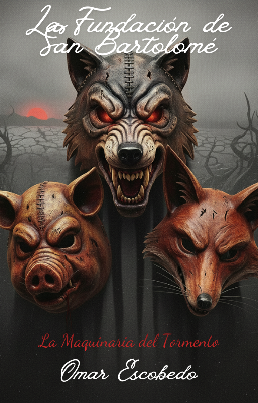 Portada de "La Fundación de San Bartolomé", con una máscara de un lobo con dientes afilados y ojos rojos, mascaras de cerdo y zorro con expresiones intimidantes, fondo oscuro con árboles y un cielo en al atardecer.