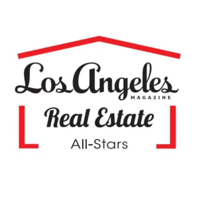Logo for Los Angeles Magazine Real Estate All-Stars with a stylized red roof outline.