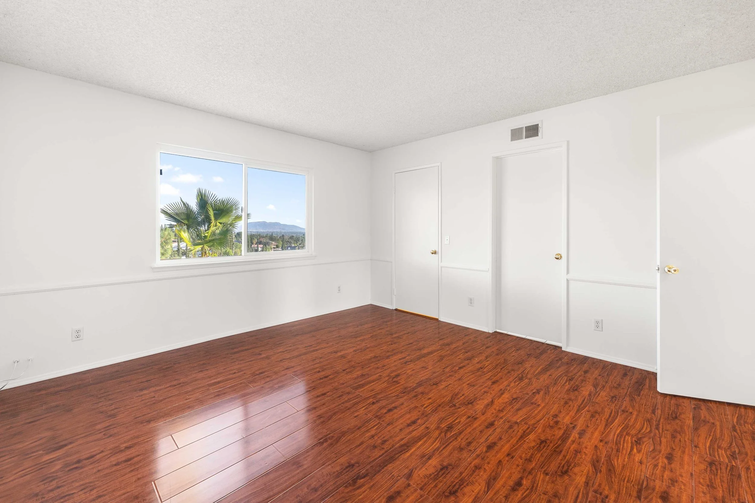 Empty room with white walls, wooden floor, two closets with white doors, a window with a view of a palm tree and mountains, and a ceiling vent.