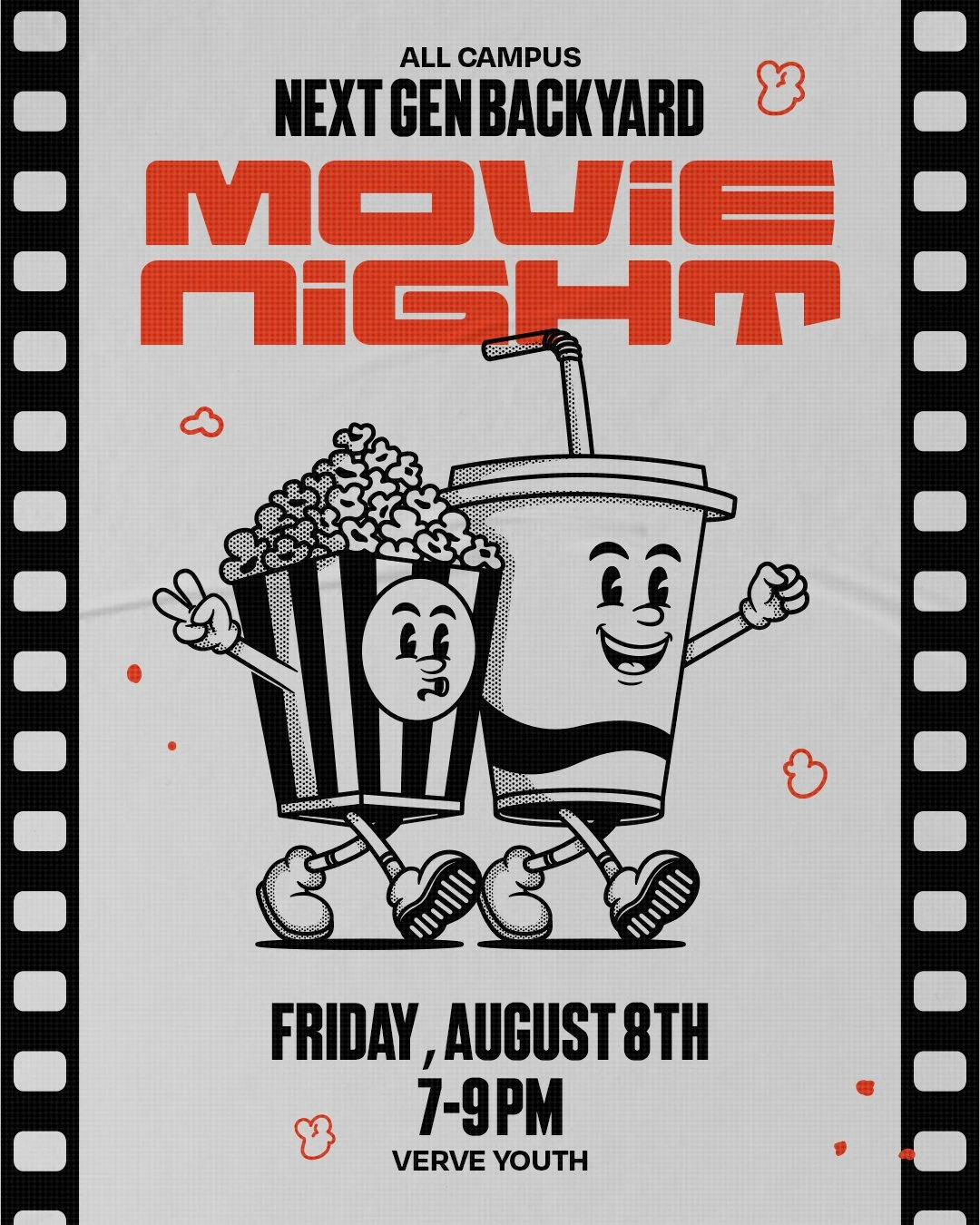 Black and white cartoon-style illustration of a popcorn box and a soda cup with arms, legs, and smiling faces, holding hands and walking together. The image promotes a campus movie night event scheduled for Friday, August 8th from 7 to 9 PM at Verve 