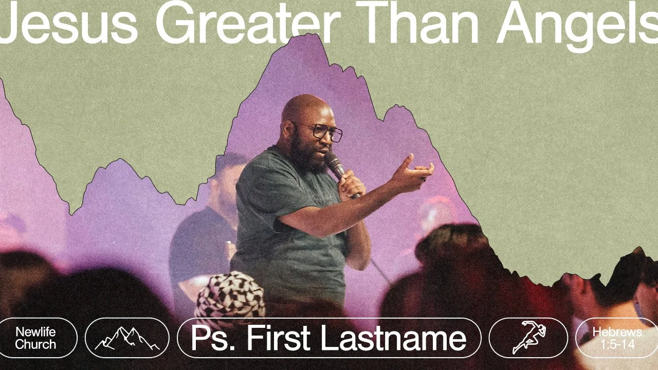 A man wearing glasses and a dark shirt holds a microphone and gestures with his right hand in front of a display with mountainous shapes. The background has text reading "Jesus Greater Than Angels" and a Bible verse reference to Hebrews 1:5-14. Sever