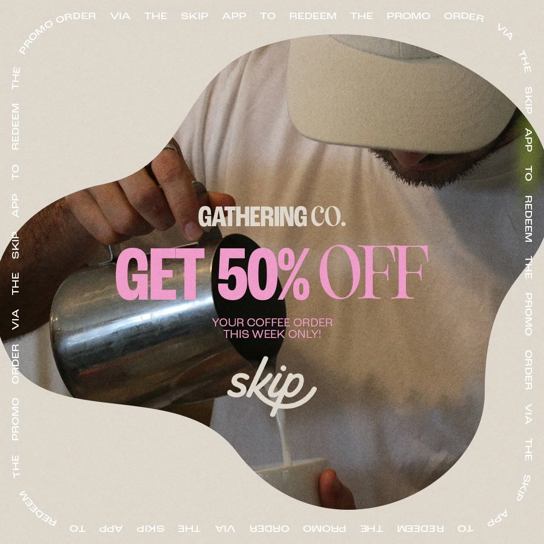 A person pouring coffee from a metallic pot into a white mug, with text overlay advertising a 50% off coffee promotion from Gathering Co. via the Skip app.