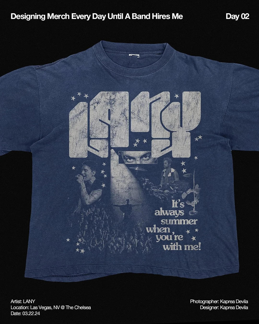 A navy blue T-shirt with a vintage band-themed design featuring band members, text that reads 'It's always summer when you're with me!', and some small stars.