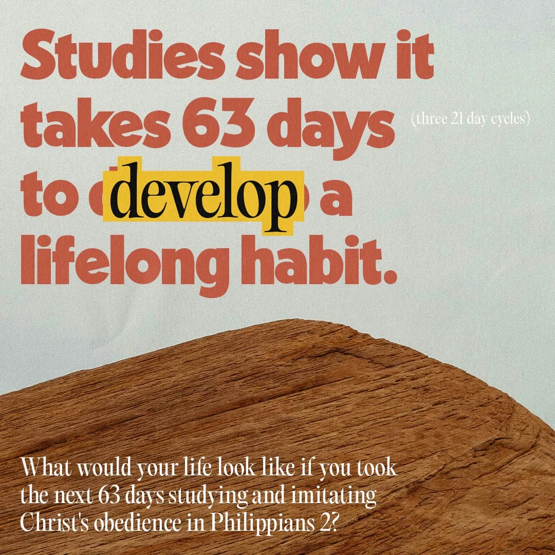 A motivational poster with large, bold red and yellow text. The main message reads: "Studies show it takes 63 days to develop a lifelong habit." A smaller, white text footer says: "What would your life look like if you took the next 63 days studying 