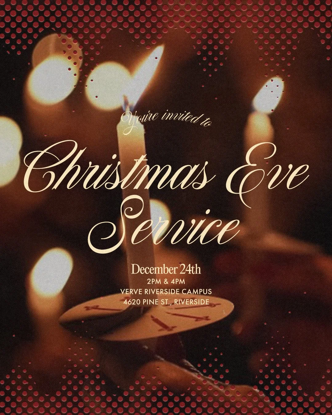 Invitation to Christmas Eve Service with lit candle and blurred Christmas lights in the background, text overlay with event details.