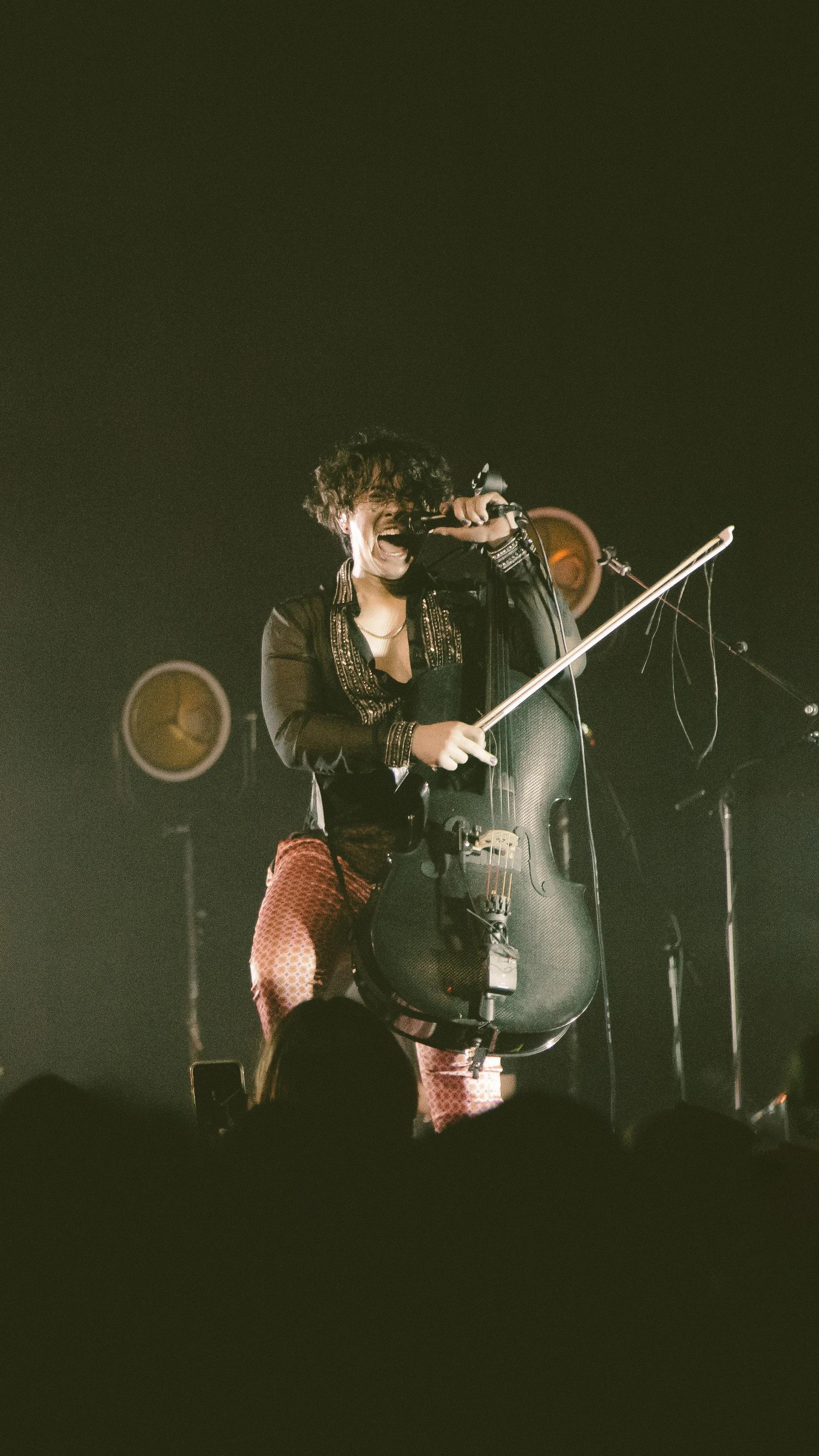 Performer with curly hair singing into a microphone and holding a cello during a concert, stage lighting and speakers visible in the background.