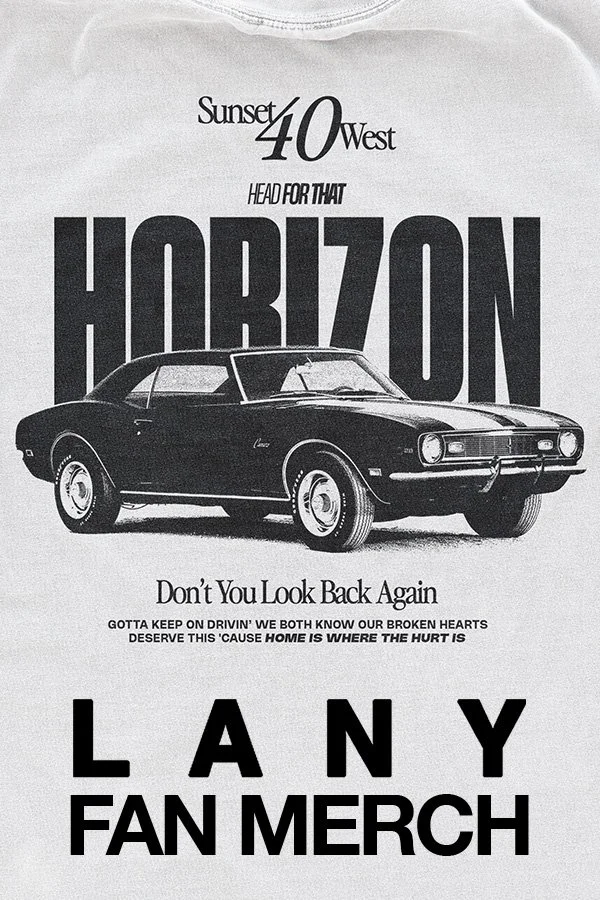A promotional T-shirt design featuring a vintage black car and text about Sunset 40 West, horizon, and fan merchandise.