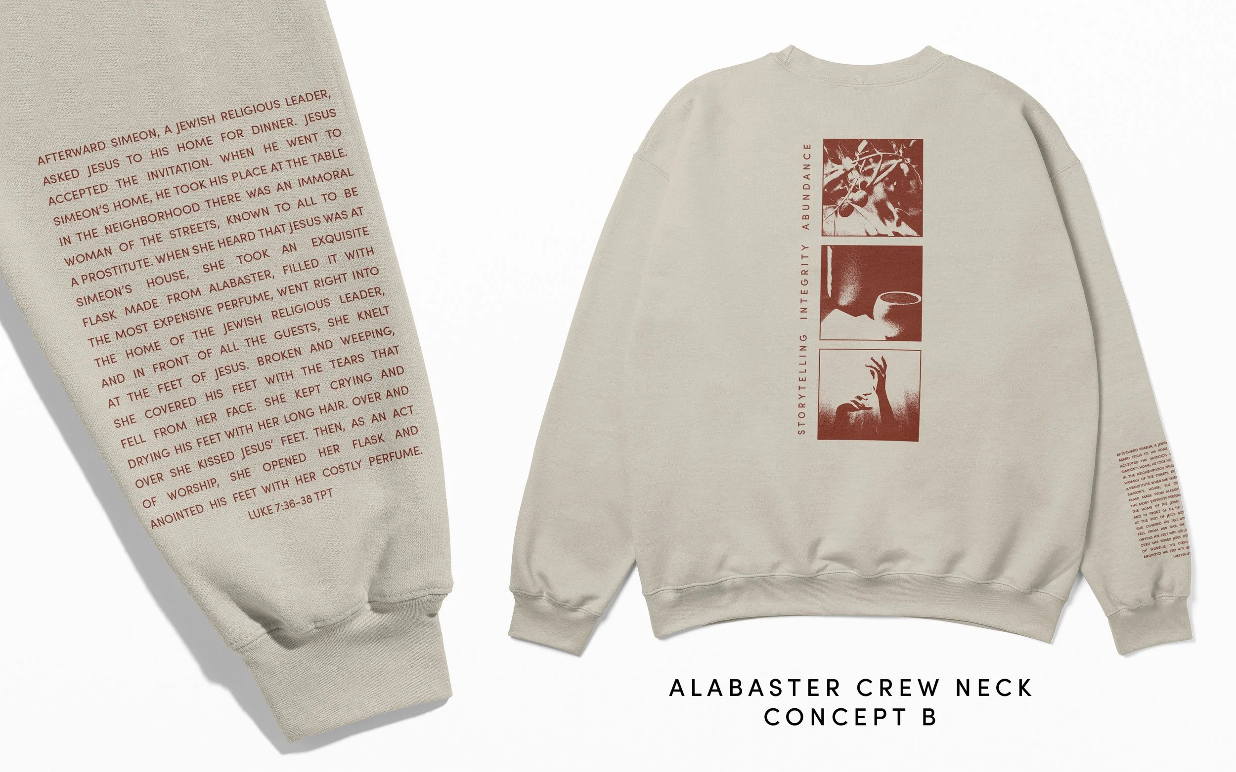 A cream-colored sweatshirt with a vertical graphic and text on the front and sleeve. The graphic features three rectangular, sepia-toned images of a woman, a hand, and a face, accompanied by the words 'STORYTELLING • INTEGRITY • ABUNDANCE'. The sleev