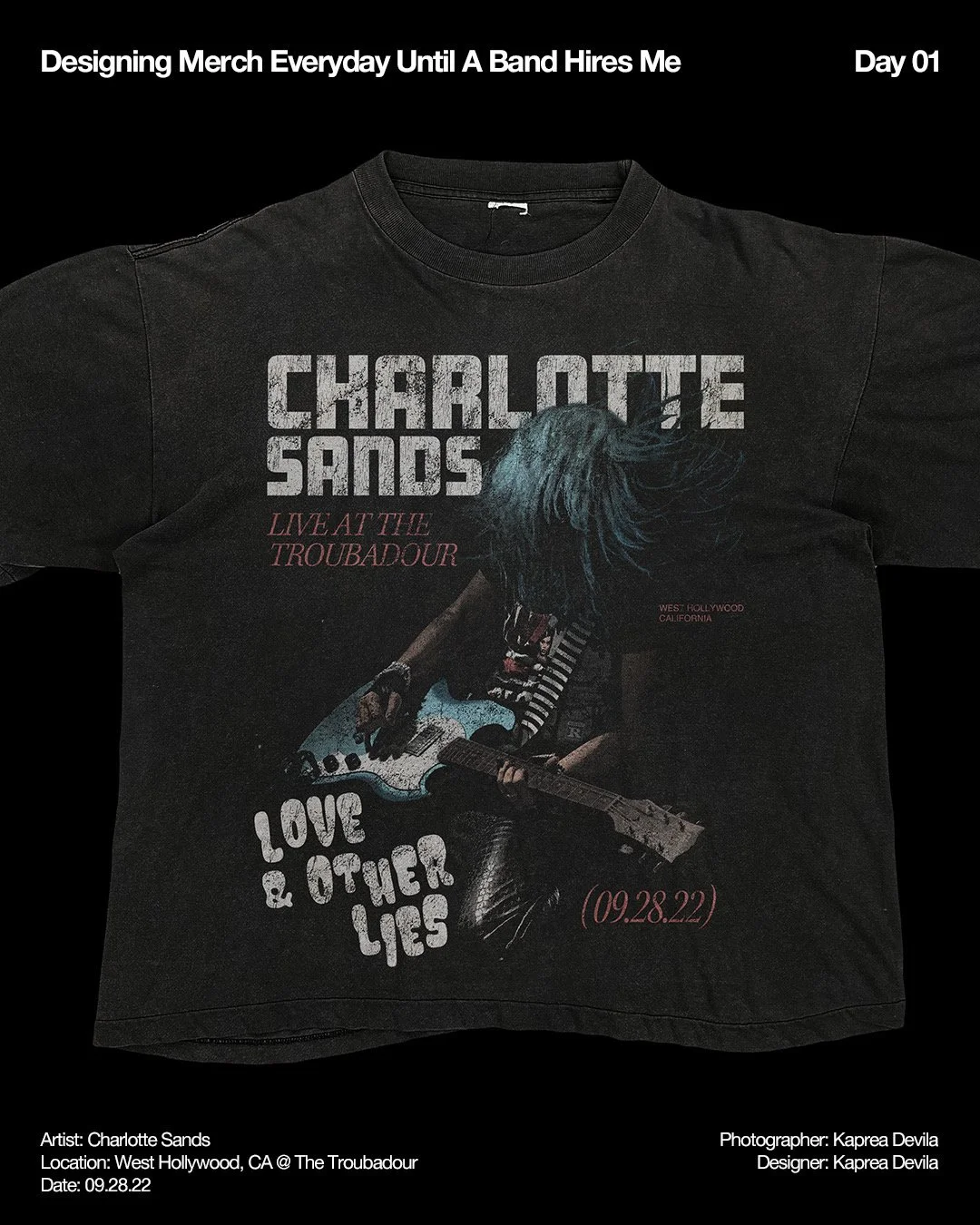Black t-shirt with Charlotte Sands' concert poster design, featuring a person with long hair playing guitar and the text 'Charlotte Sands Live at The Troubadour, Love & Other Lies, September 28, 2022, West Hollywood, California.'