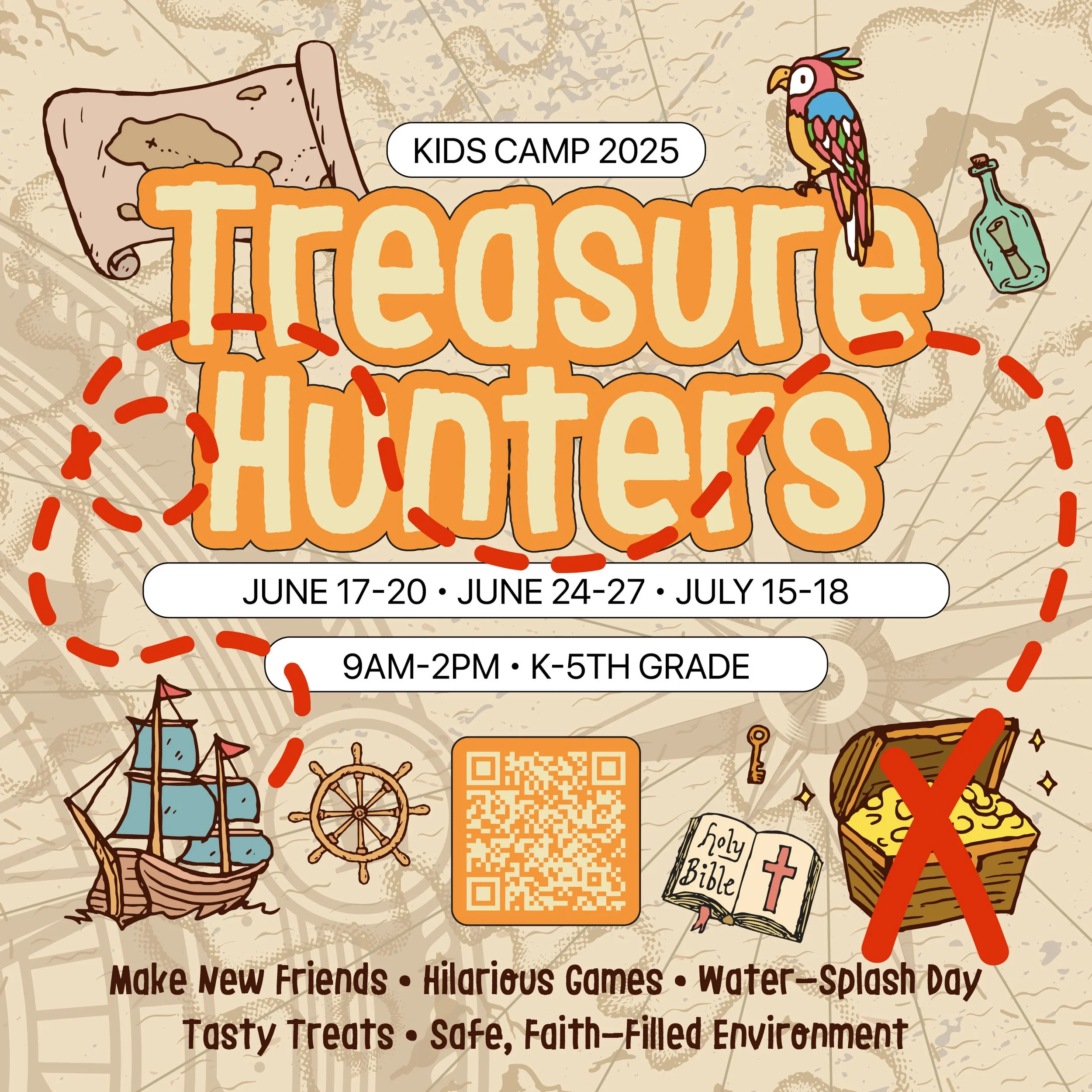 A colorful flyer for Kids Camp 2025 titled "Treasure Hunters" with dates June 17-20, June 24-27, and July 15-18. The background features a map with illustrations of a ship, steering wheel, pirate's chest, Bible, and a parrot. It includes details that