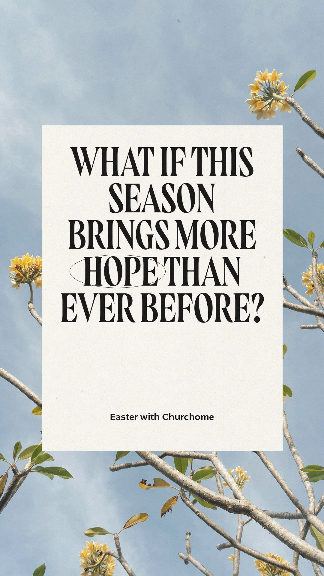 An Easter message with the text 'What if this season brings more hope than ever before? Easter with Churcome' over a background of a blue sky and branches with yellow flowers.