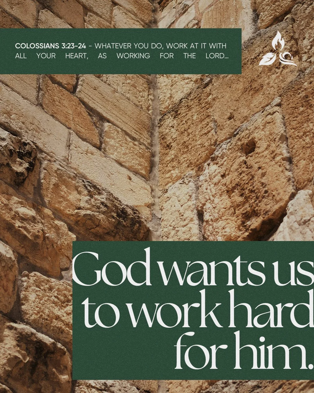 Close-up of a brick wall with a green overlay containing a Bible verse from Colossians 3:23-24 and a prayer symbol.