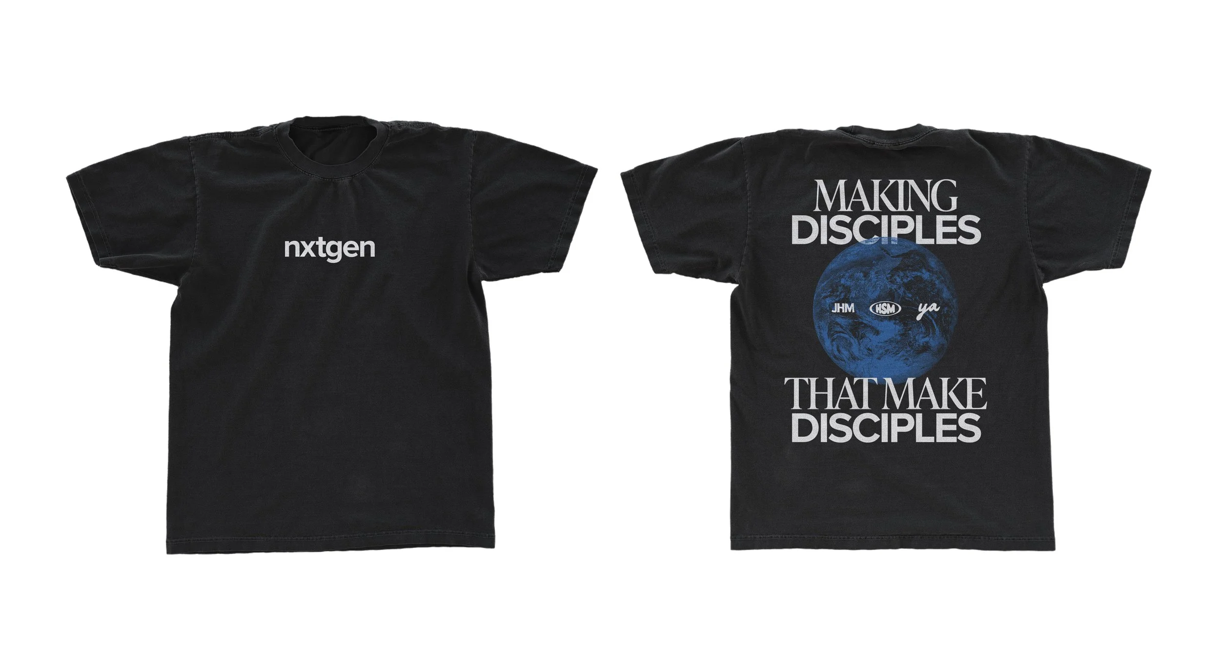 Black t-shirt with white text on front reading 'nxtgen' and a back design with large text 'MAKING DISCIPLES THAT MAKE DISCIPLES' surrounding a blue globe with small white text and logos.