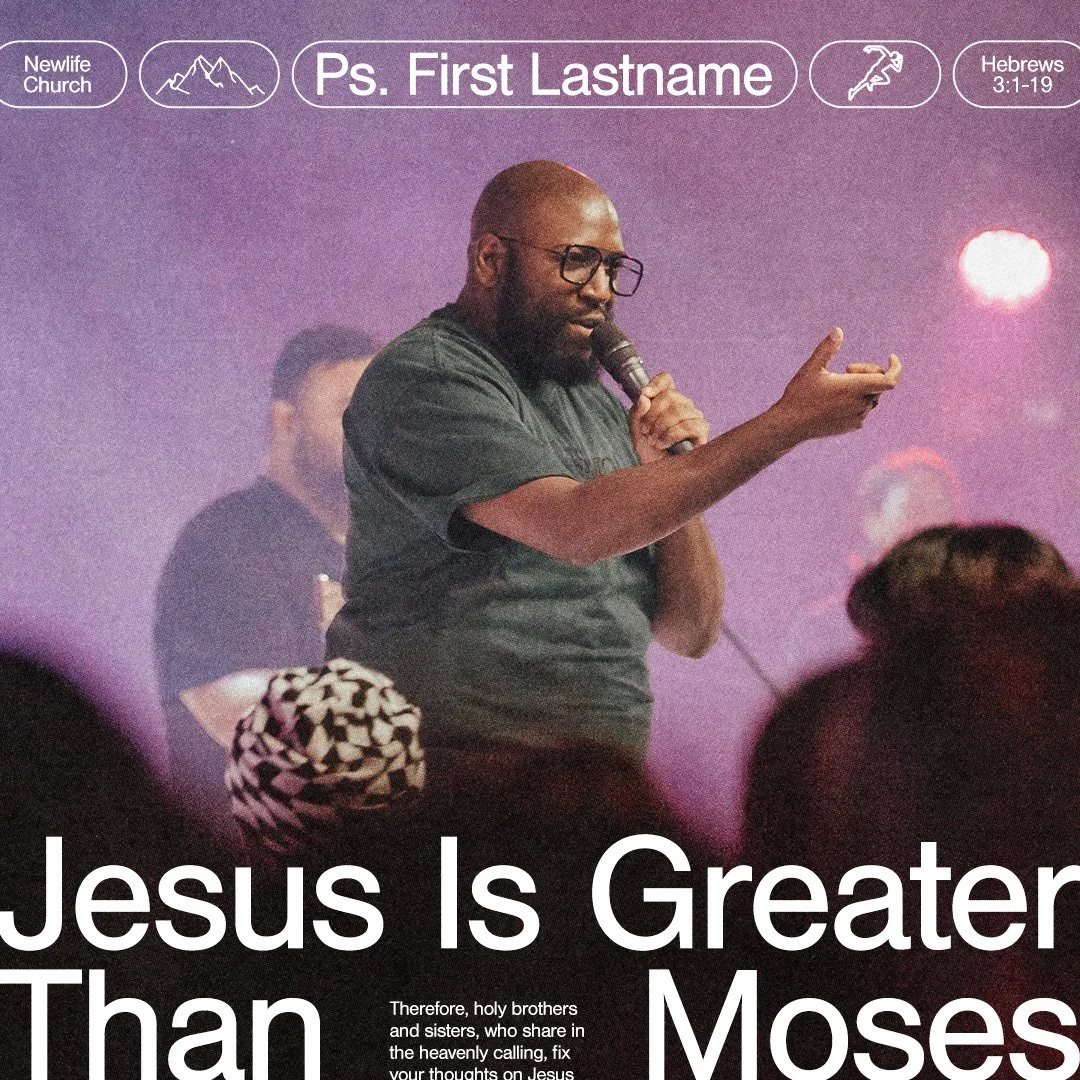 A man wearing glasses and a dark shirt speaks into a microphone during a church service. The background is filled with purple lighting, and there are people seated in the audience. Text overlaying the image reads "Jesus Is Greater Than Moses," with a