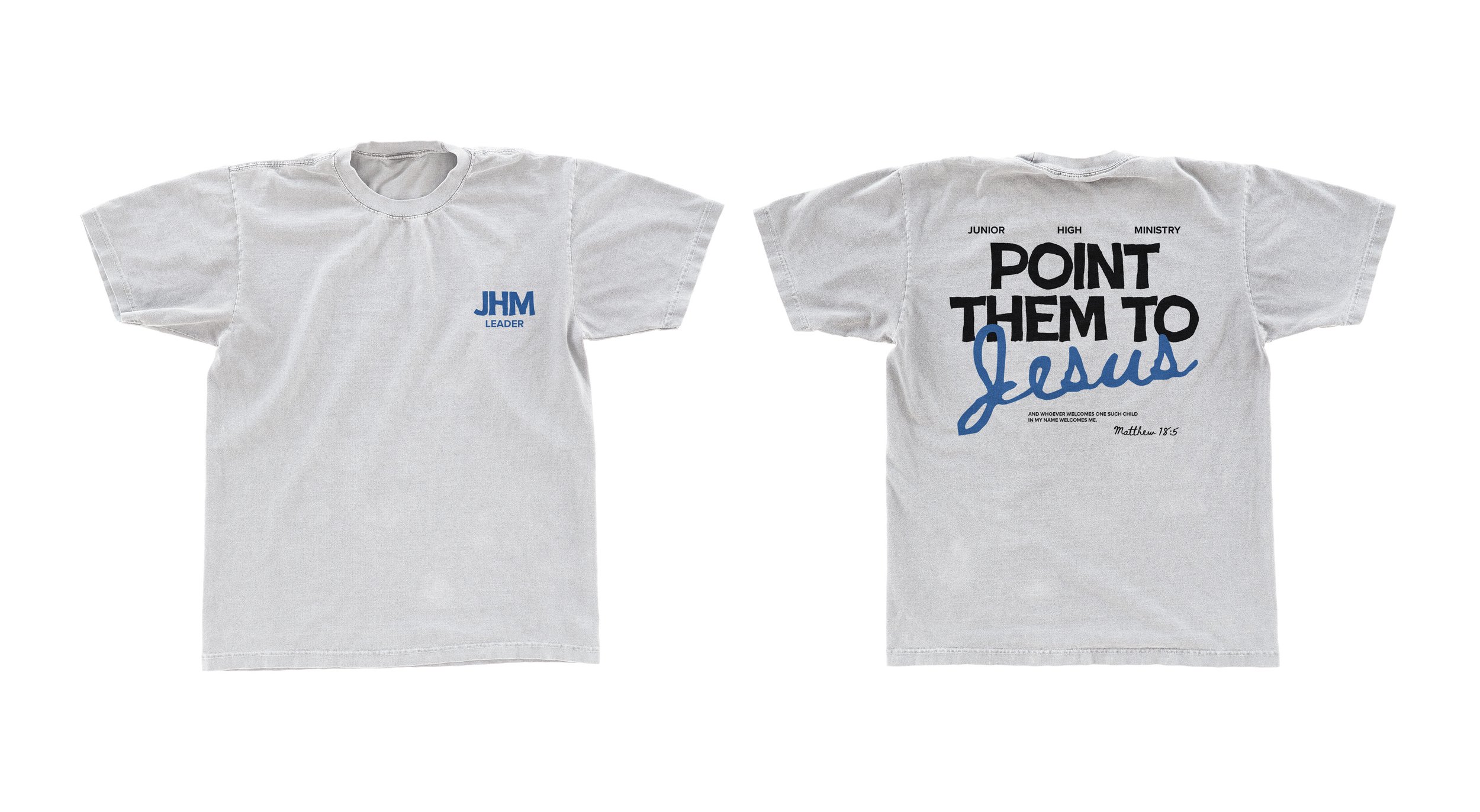 A gray t-shirt with a small blue logo on the front left chest that reads 'JHM Leader' and a large back design with the phrase 'Point Them to Jesus' with 'Jesus' written in cursive blue, along with Bible verses and headings.