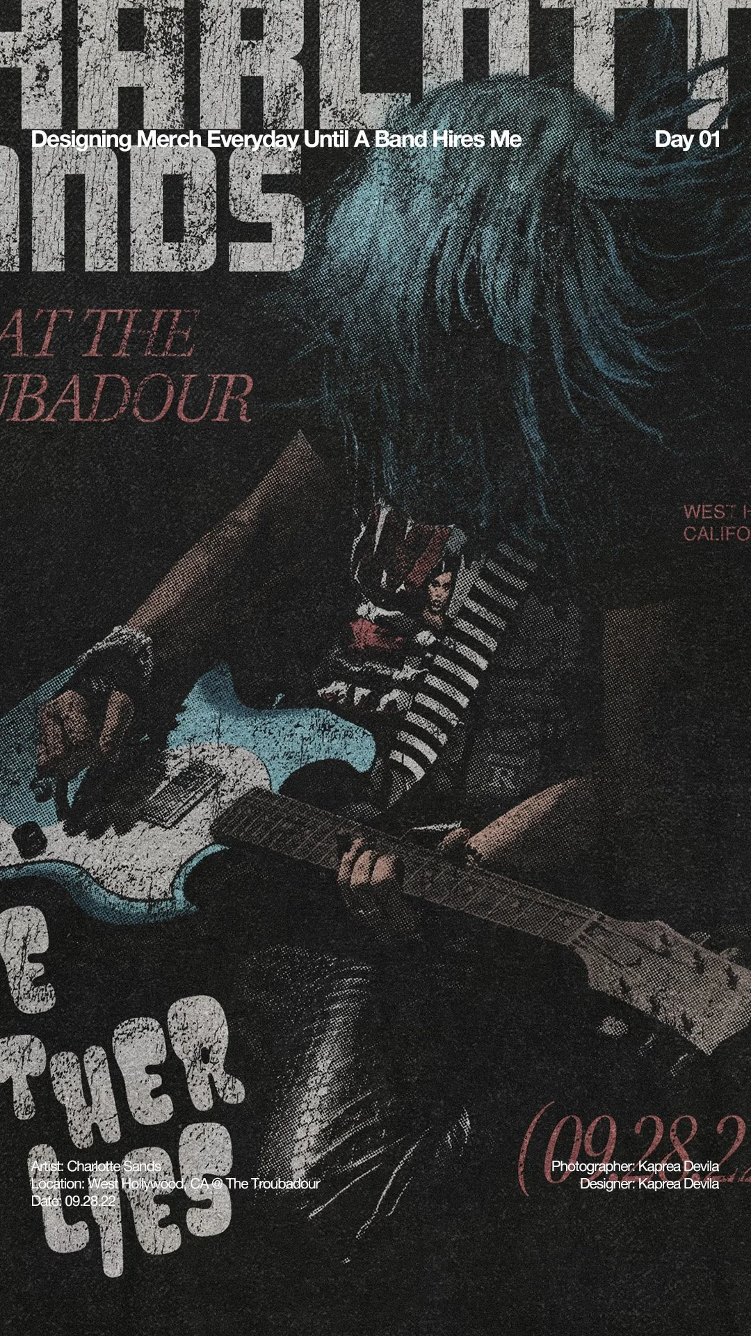 A poster promoting a music event with a woman playing an electric guitar. Text includes "Charlie Sands" and details about the location and date.