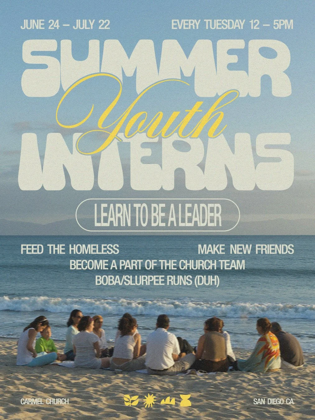 Beach scene with a group of people sitting on the sand and watching the ocean, overlaid with text about a summer youth program