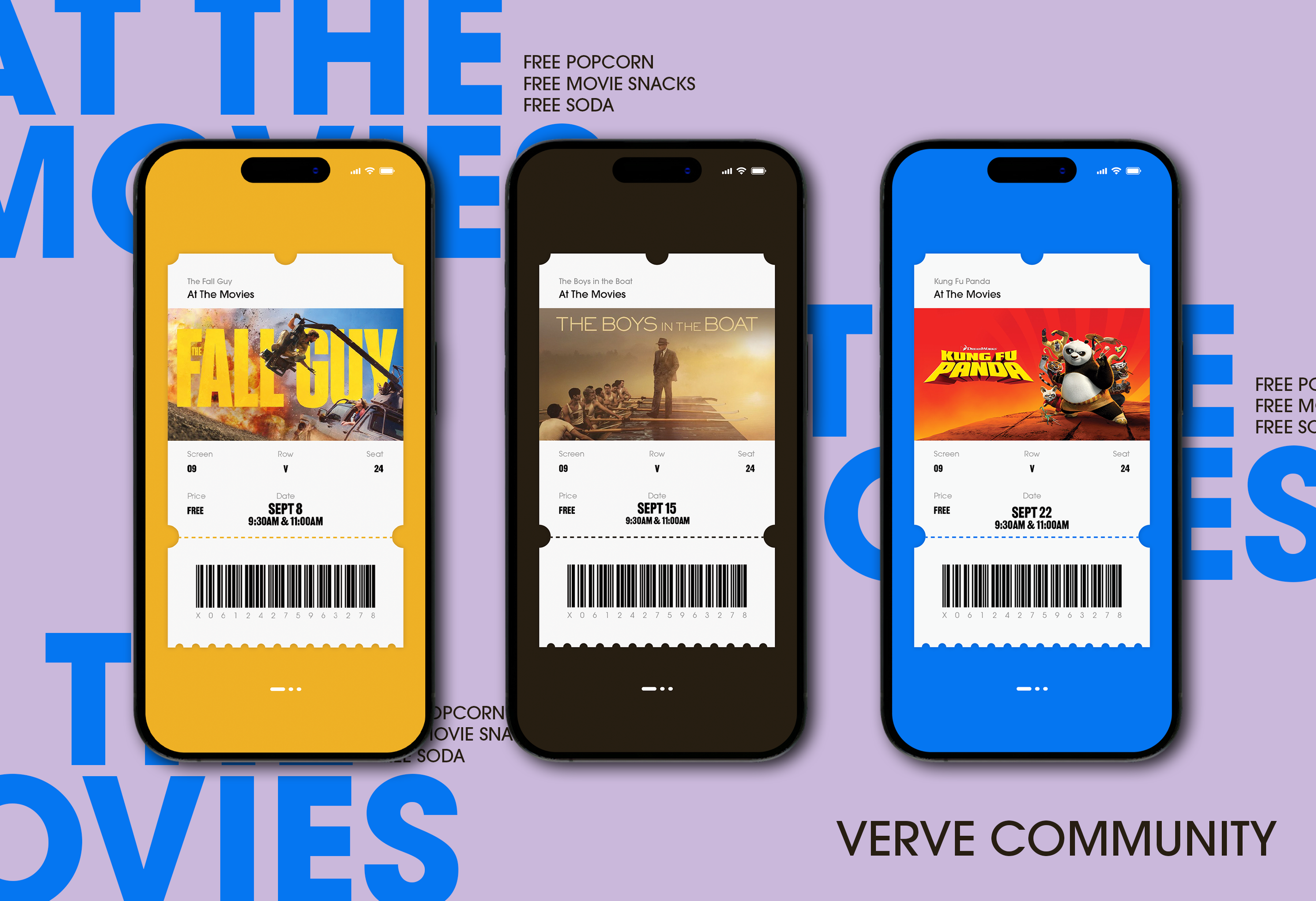 Three mobile phones displaying movie tickets for different movies, labeled 'At The Movies,' with details about the showtimes, dates, and seat information, set against a purple background with blue text and the words 'VERVE COMMUNITY'.