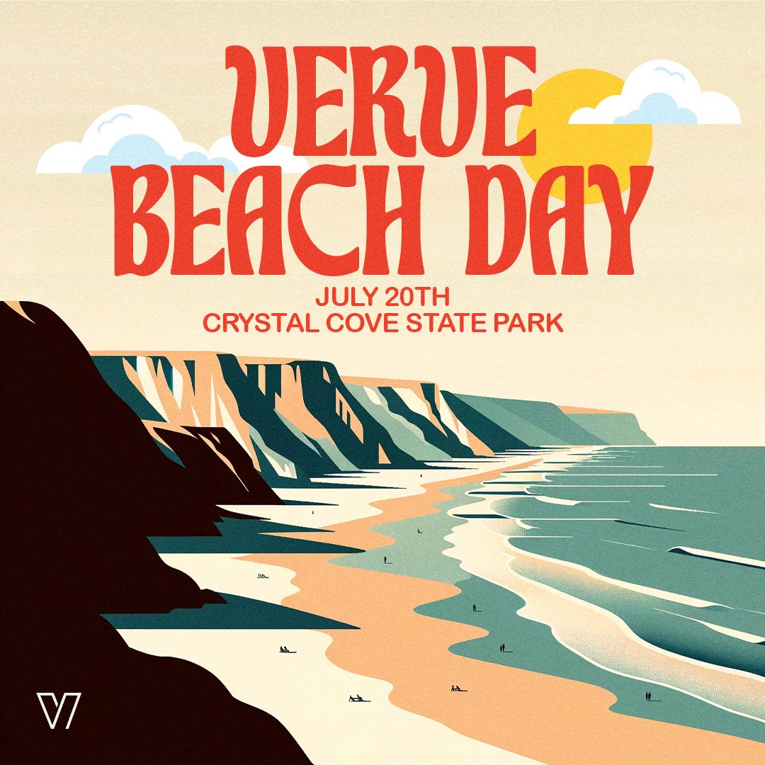 Illustration of white cliffs, sandy beach, and ocean waves under a sky with clouds and the sun, promoting UERUE Beach Day event at Crystal Cove State Park on July 20th.
