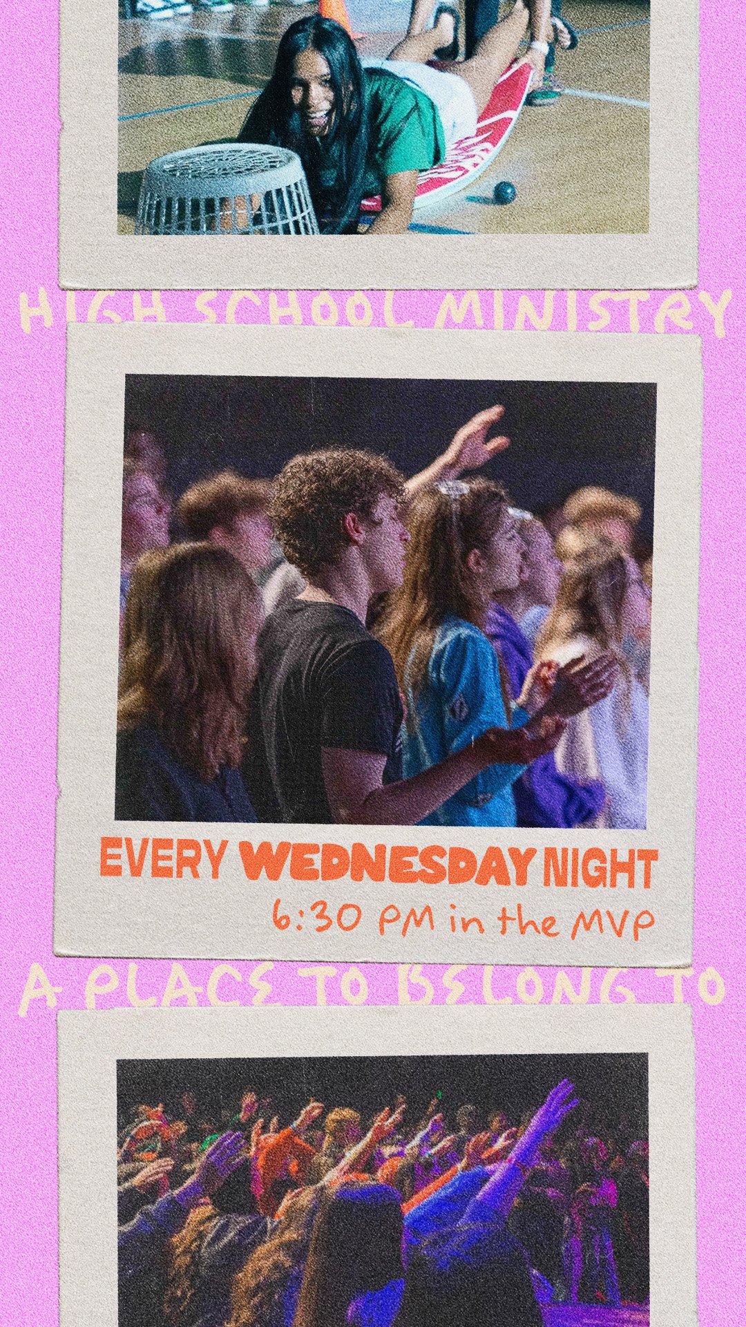 A flyer advertising high school ministry events. The flyer features three photographs: the top shows a girl laughing and lying on the floor, with a trash can in front of her; the middle shows young people at a concert, with one person smiling and cla