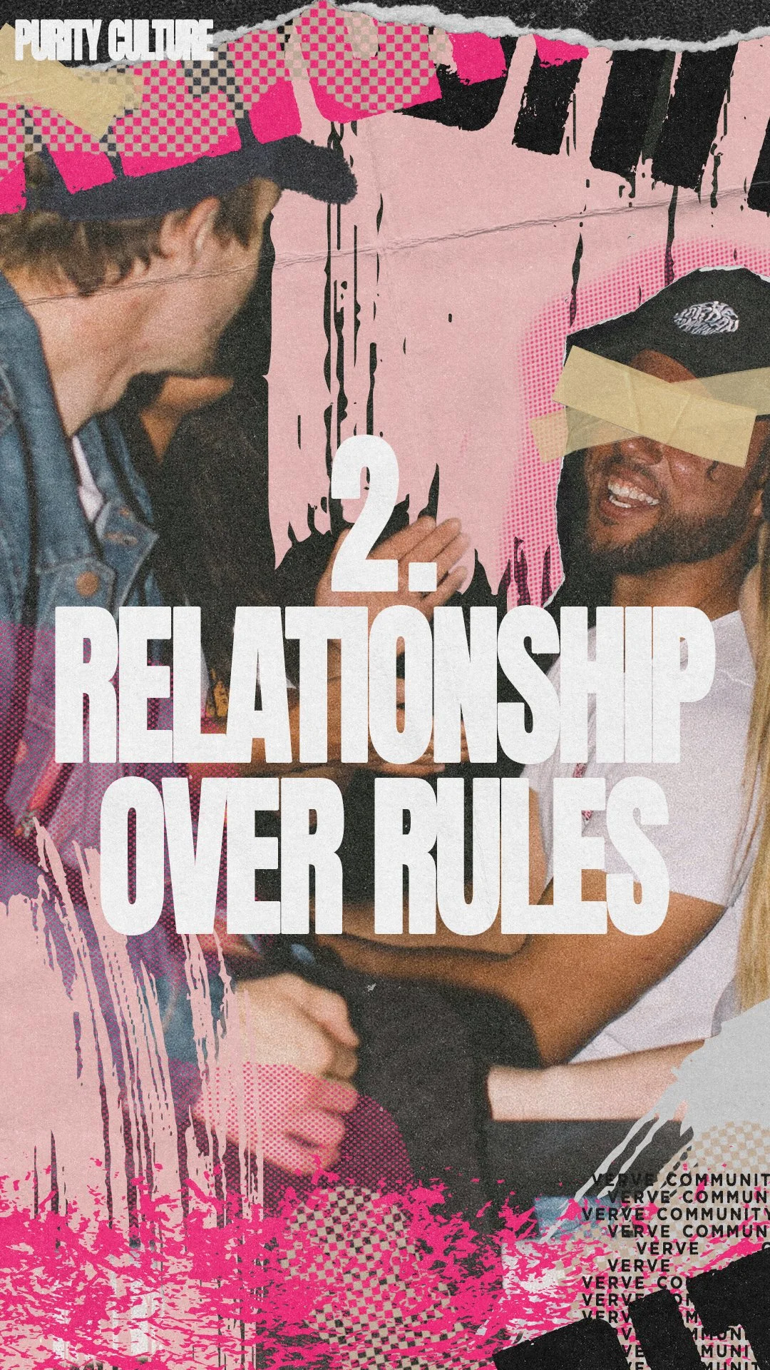 Two people in a casual social setting, engaging in conversation. One person has long hair and is wearing a denim jacket, while the other is wearing a cap and sunglasses with tape over the eyes, smiling. The background has pink and black graffiti-styl