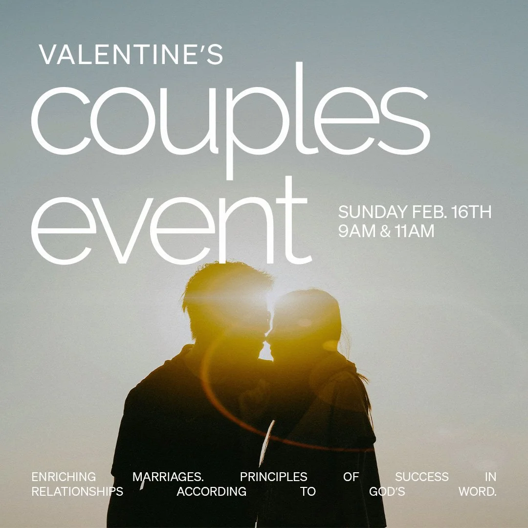 A promotional flyer for a Valentine's Day couples event featuring a silhouette of a couple against a sunset or sunrise background with sun flare.