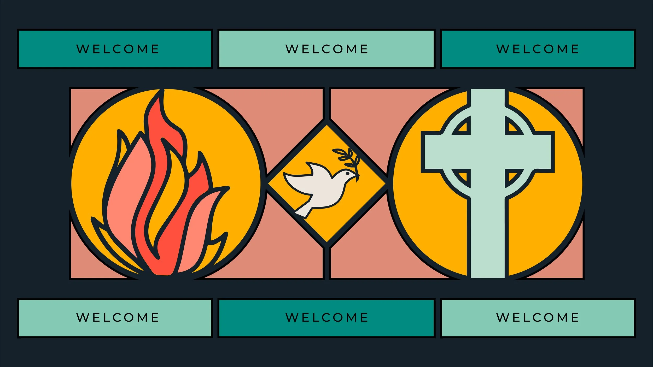 A colorful stained glass artwork with symbols of fire, dove, and cross, surrounded by the word 'Welcome' repeated at the top and bottom.