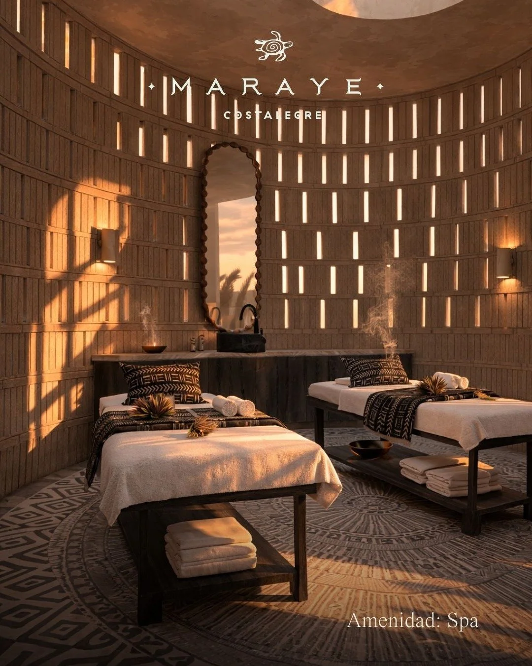 Dise&ntilde;o que invita a bajar el ritmo.

El spa de Maraye fue concebido como un refugio de calma: materiales naturales, luz c&aacute;lida filtr&aacute;ndose entre las celos&iacute;as y espacios que permiten que el aire, la luz y el silencio formen