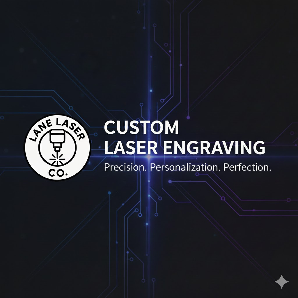 A digital graphic featuring the Lane Laser Co. Logo which is a Custom Laser Engraving business in McKinney, TX and text that reads 'Custom Laser Engraving' with the tagline 'Precision. Personalization. Perfection.'.