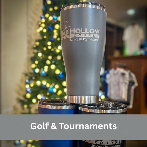 Custom engraved tumbler featuring the Oak Hollow Golf Course logo for golf and tournament merchandise.