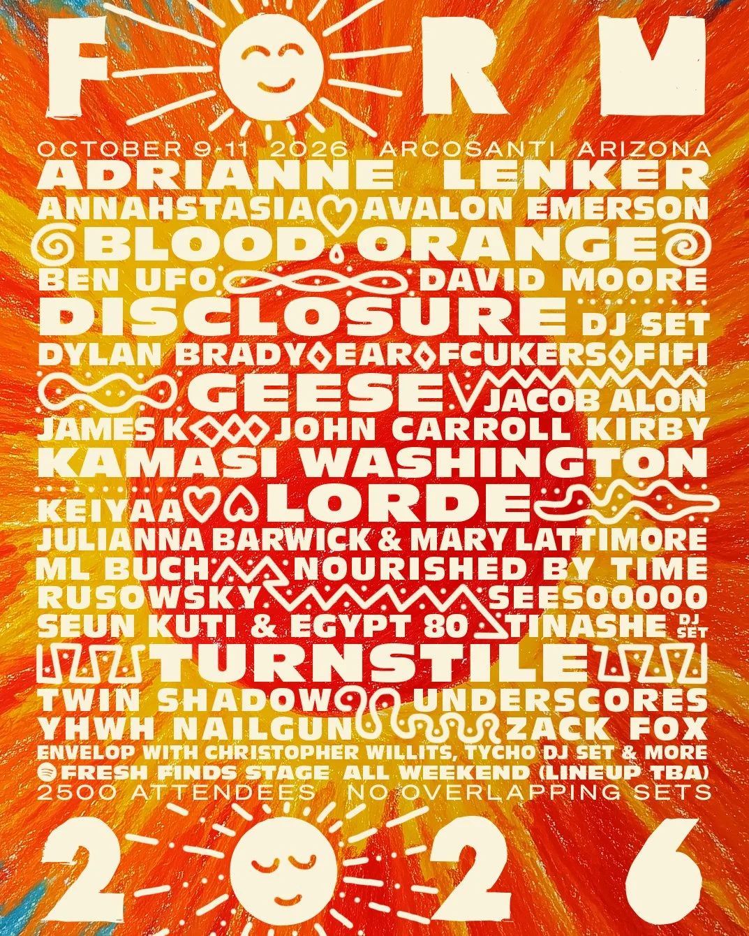 Colorful festival poster with a yellow and orange background, featuring a smiling sun at the top and bottom. Text in bold white and red fonts announces event details and lineup, including performers and DJs, for a music festival in Arcosanti, Arizona, from October 9 to 11, 2026.