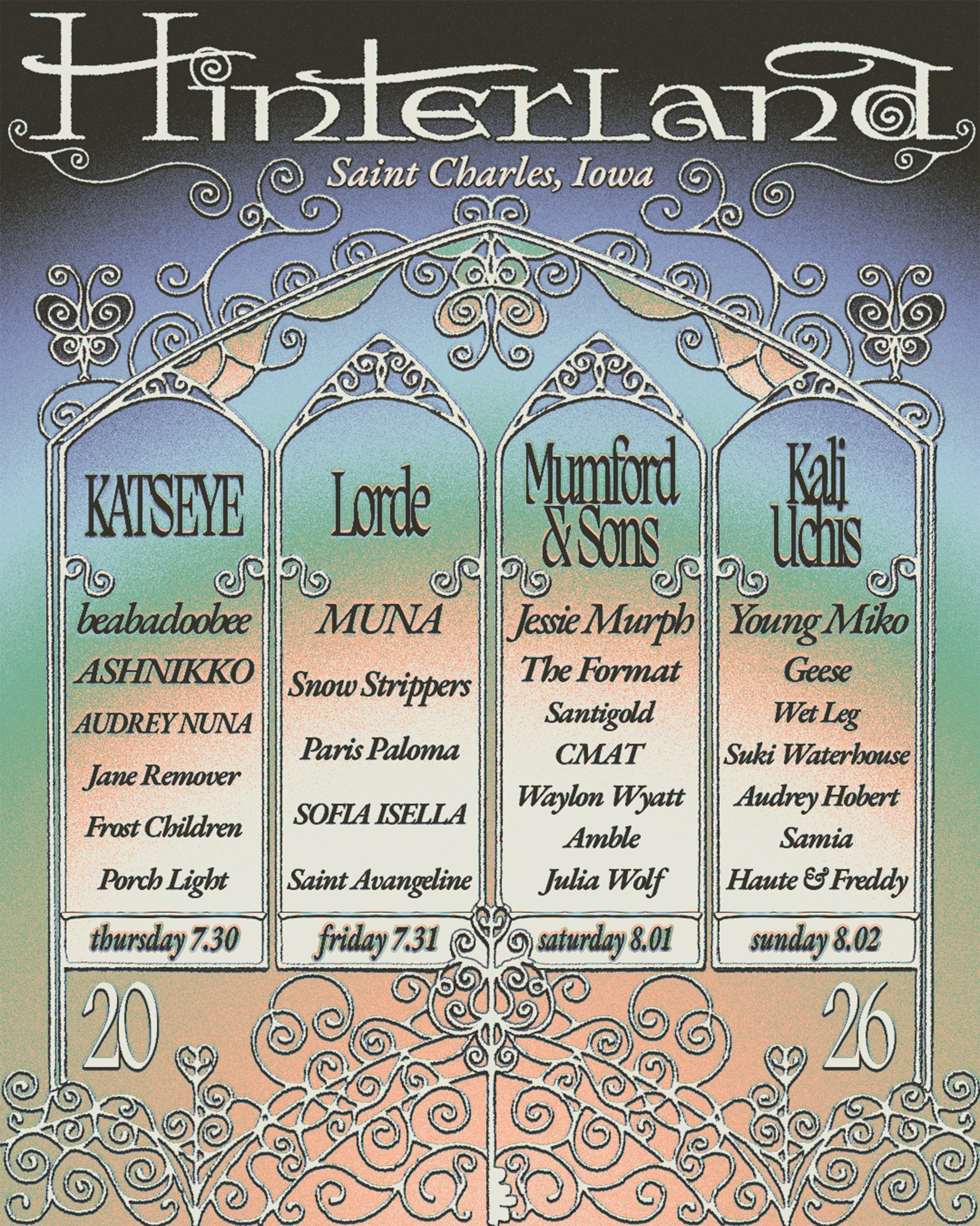 Poster for Hinterland in Saint Charles, Iowa, listing band performances from Thursday through Sunday with decorative floral and scrollwork design.