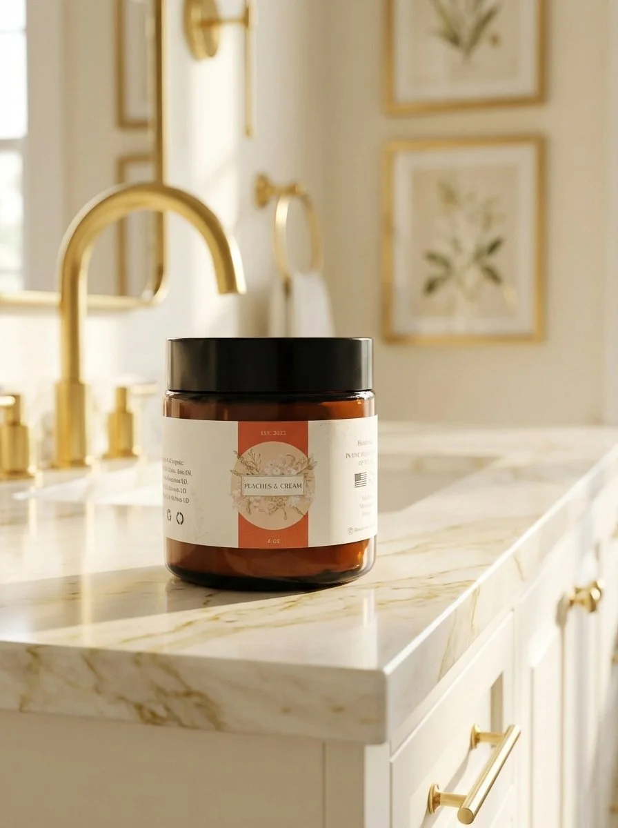 A brown jar with a black lid labeled "Peaches & Cream" sitting on a white marble bathroom countertop with gold fixtures and framed botanical art on the wall in the background. Skincare. Organic. Local. Shop. Clean. Essential Oils. Handmade.