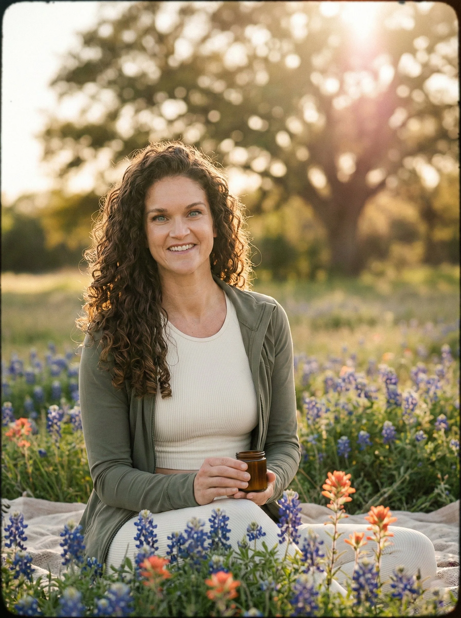 A woman with curly brown hair sitting among colorful flowers outdoors during sunset, holding a small jar, smiling at the camera.