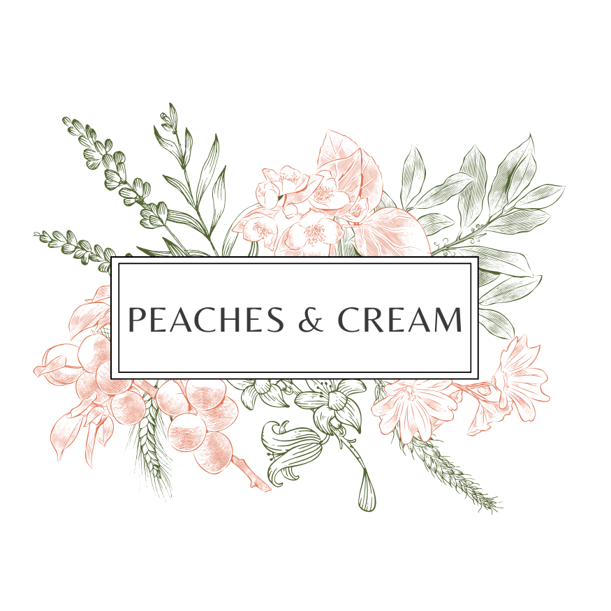 Vintage-style floral design with pink peaches and cream-colored flowers on a black background, with a central white rectangular label that reads 'Peaches & Cream' in black text.