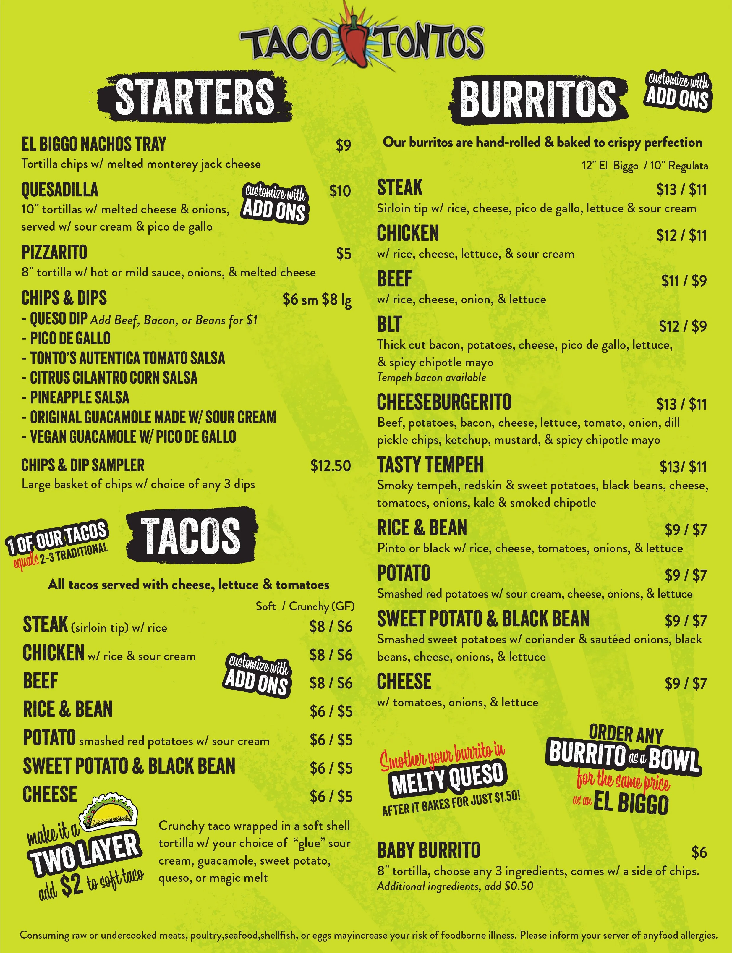 Taco Tonto's food menu, page 1