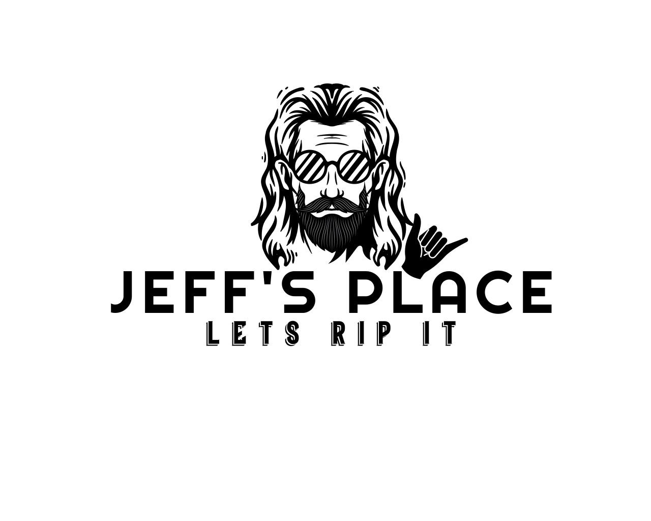 Logo for Jeff's Place featuring a bearded man with long hair wearing sunglasses and making the shaka hand gesture, with the text 'Jeff's Place' and 'Let's Rip It' below.