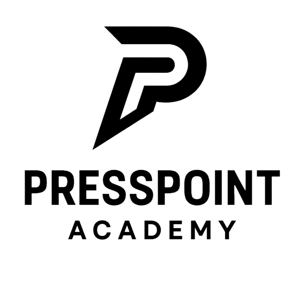 Logo for PressPoint Academy with a stylized P symbol above the words 'PressPoint Academy' in white on a black background.