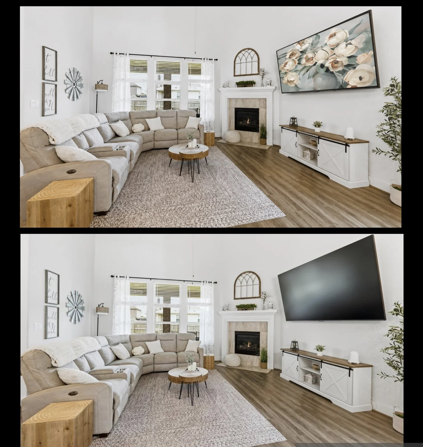 Before: Blank TV screen + After: Virtual TV staging added
