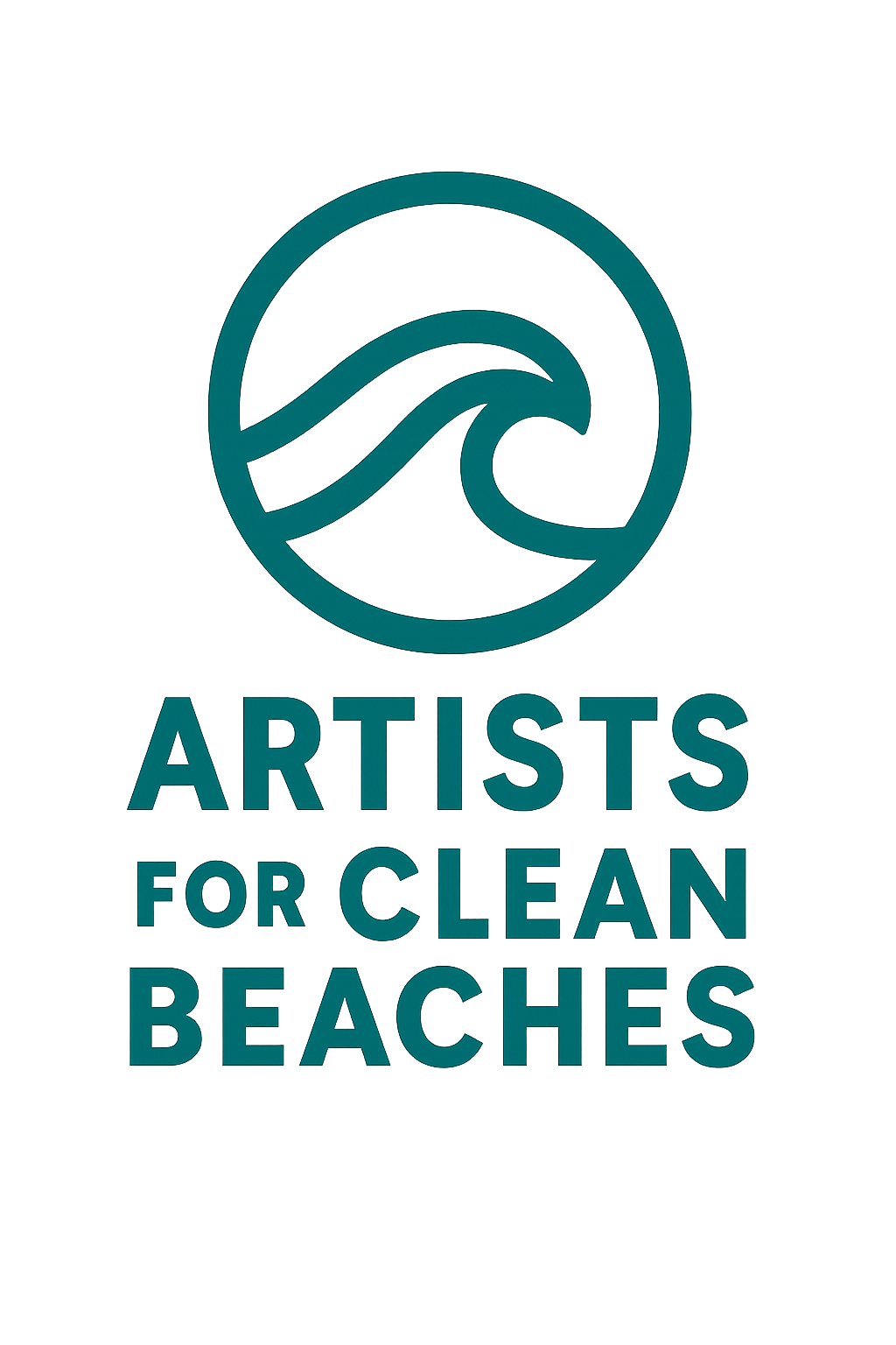 Logo for Artists for Clean Beaches, featuring a circular design with a stylized wave inside and the organization's name below in bold blue text.
