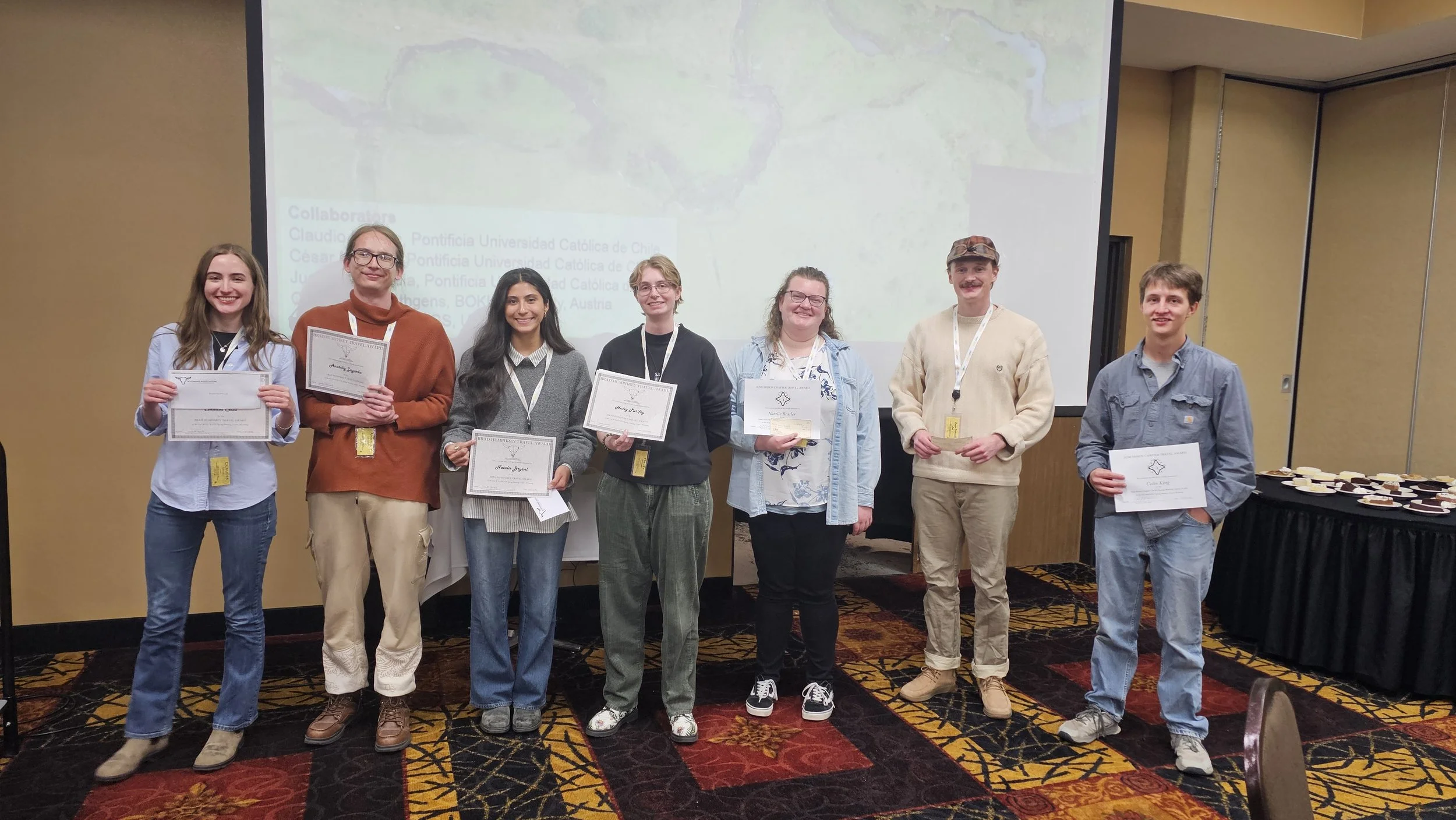 Claudia Celia, Anatoliy Zayoark, Natalie Bryant, Haley Purifoy, Natalie Bossler, Zach King, and Colin King received student travel awards 