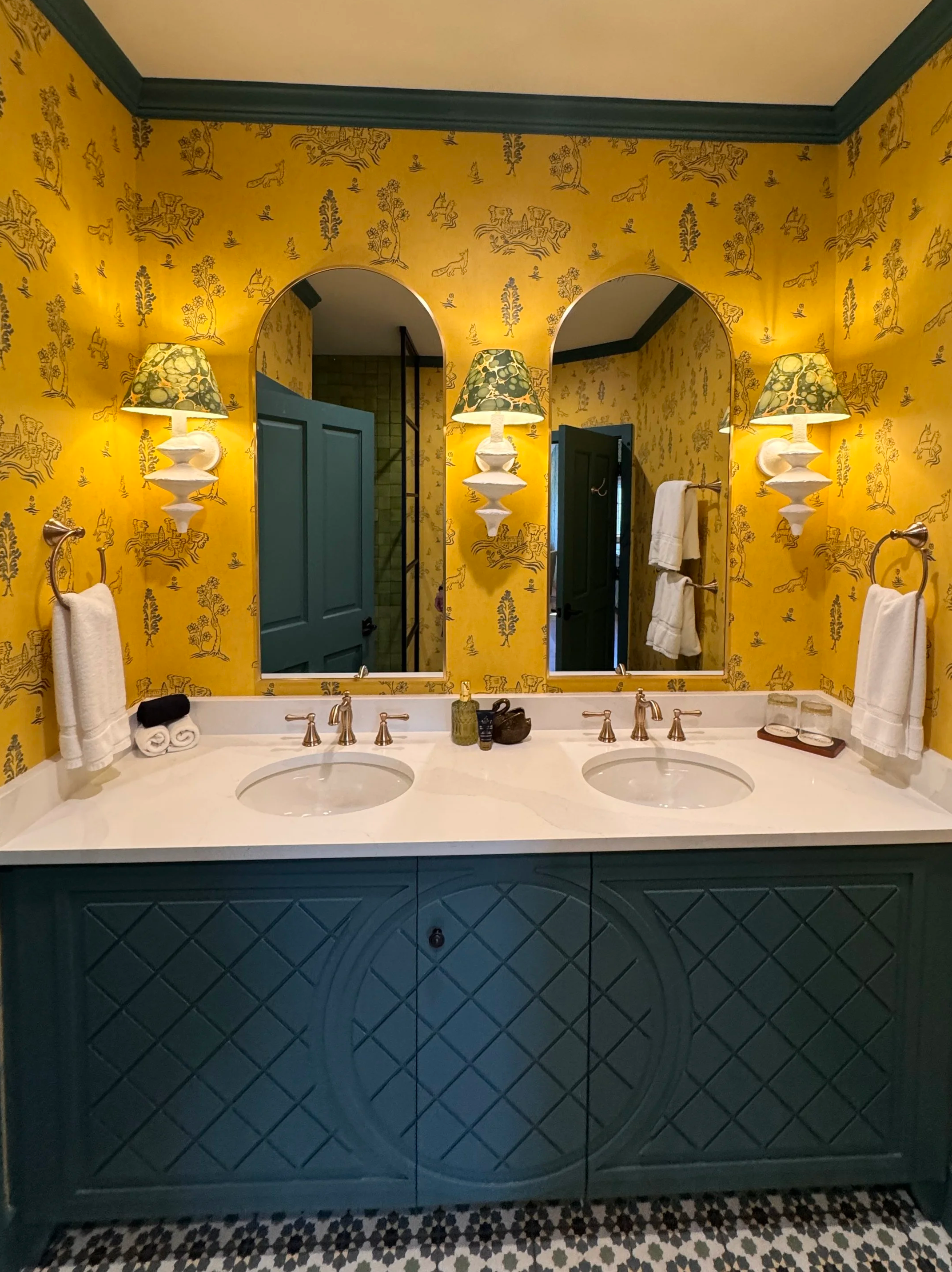 Yelllow Blue wallpaper installation Camp Lucy