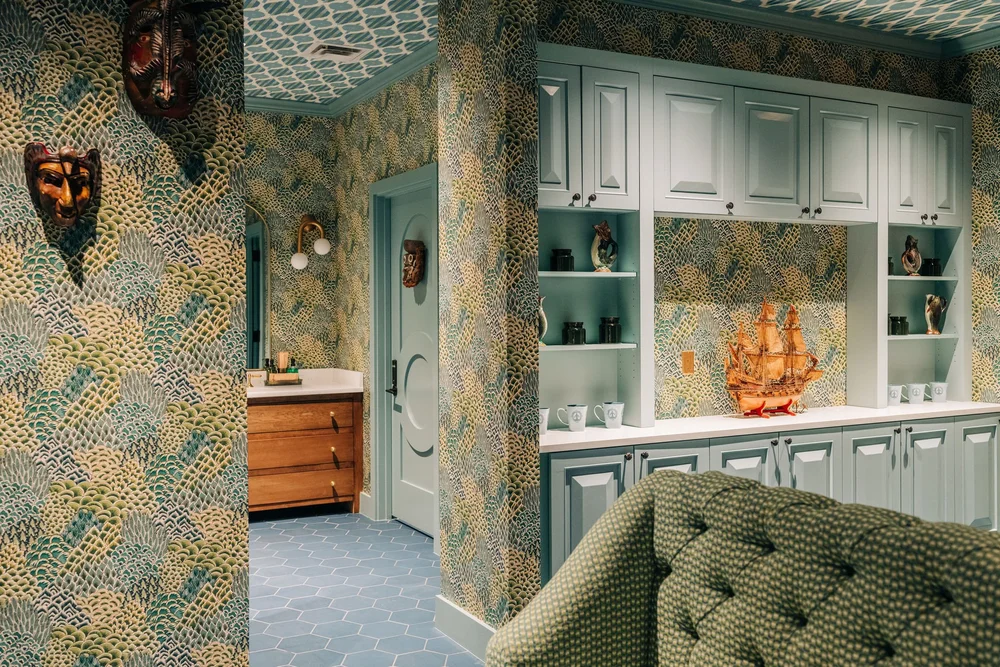 Patterned wallpaper installation at Camp Lucy
