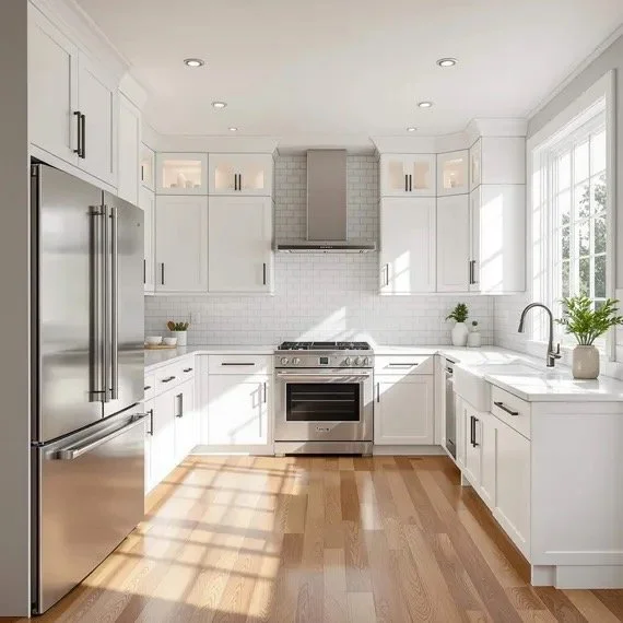 Bright modern kitchen with white cabinets, stainless steel appliances, light wood flooring, and large windows allowing natural light.