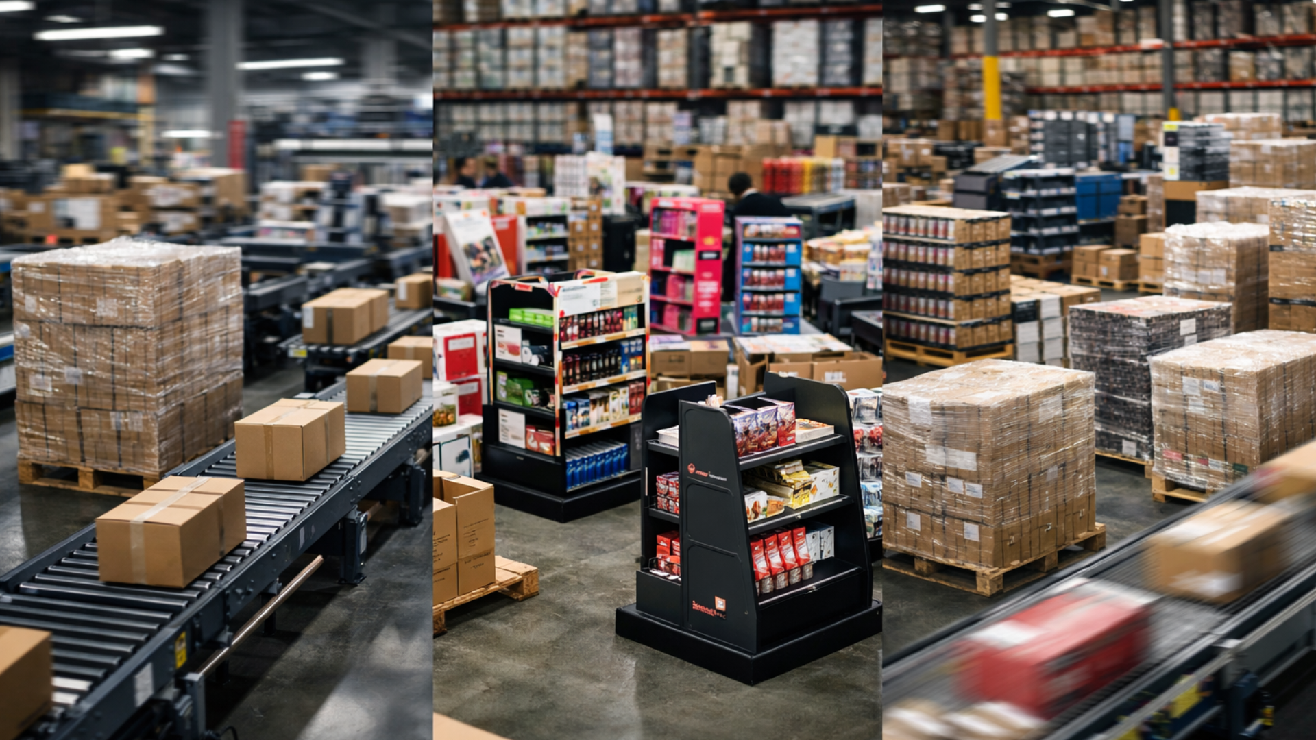 Warehouse fulfillment operation handling branded packaging, POS displays, and large-scale product distribution.