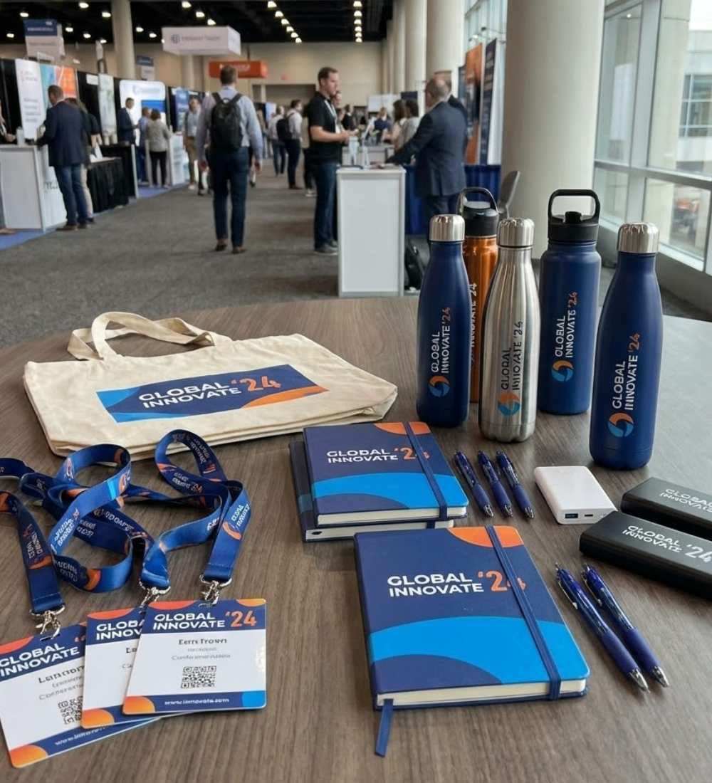 Event merchandise including branded drinkware, apparel, and promotional items displayed at a trade show.