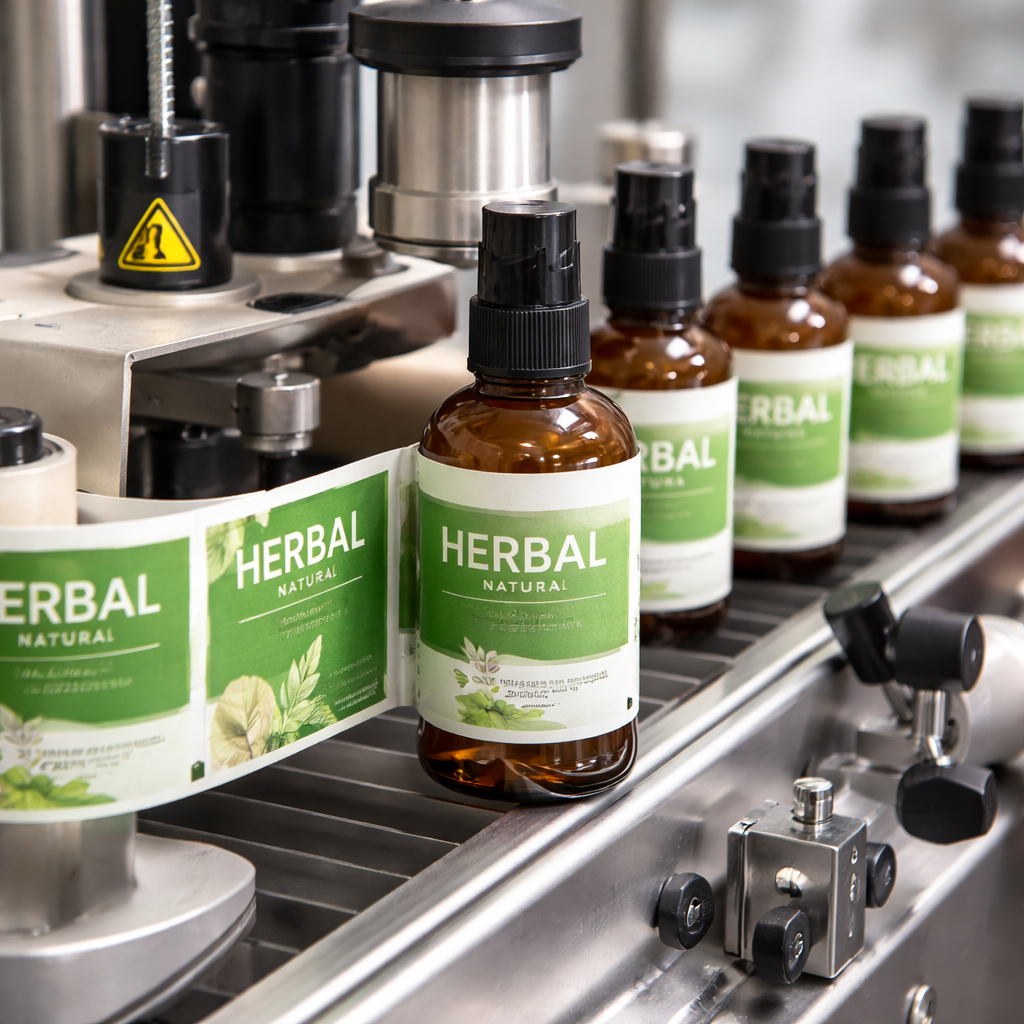 Labeling and relabeling operation applying branded labels to packaged products for retail compliance.