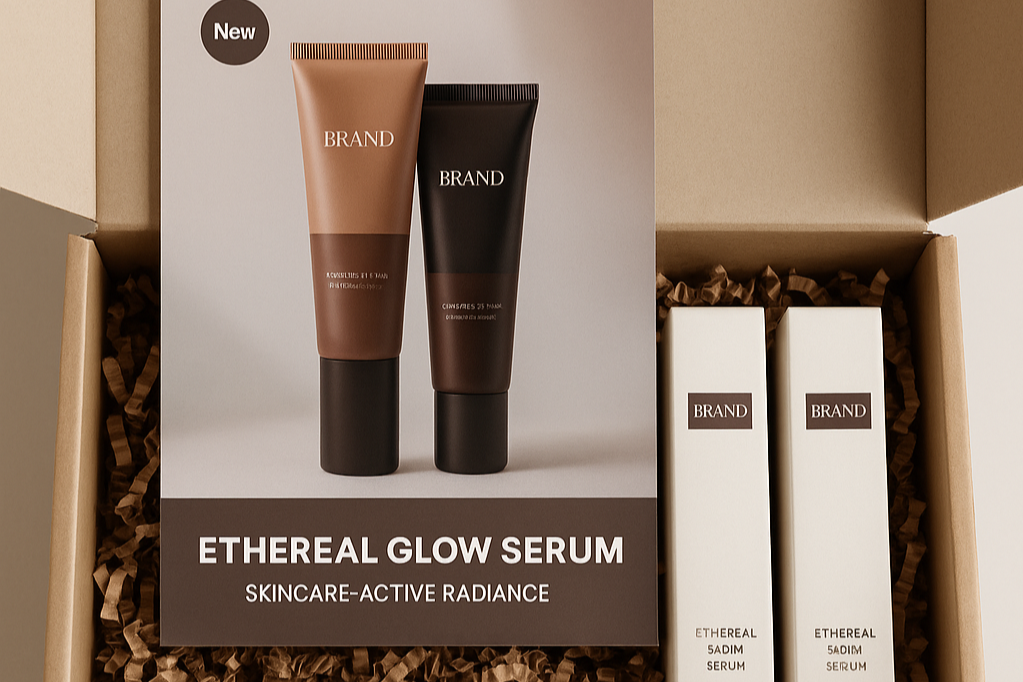 Personal care and cosmetics products featuring branded packaging and promotional materials.