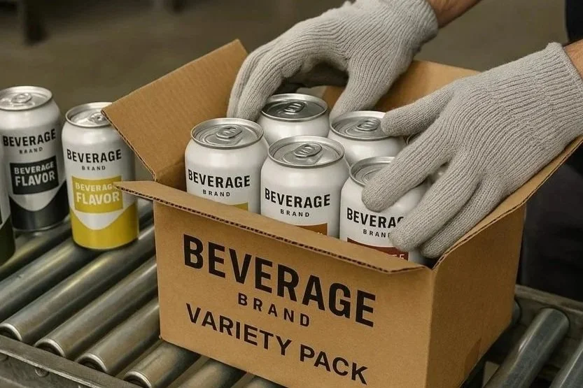 Variety pack and bundling operation assembling multiple SKUs into retail and promotional packages.