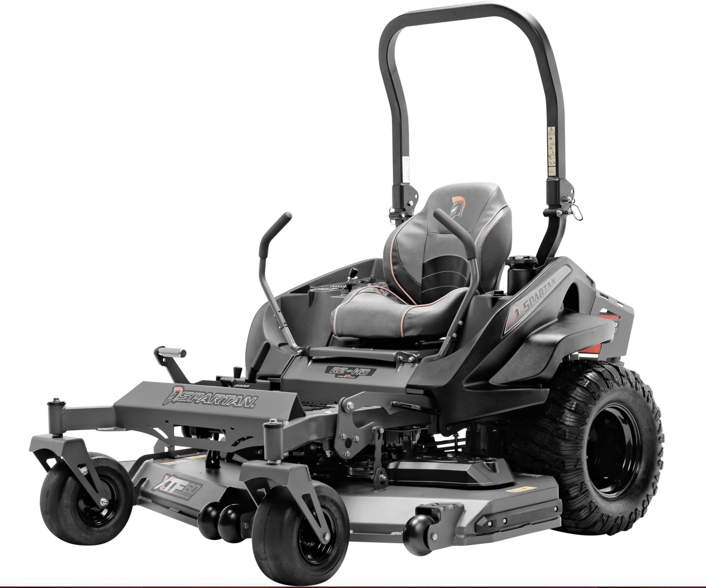 A black and gray riding lawn mower with a seat, steering handles, and large rugged tires, designed for outdoor grass cutting.